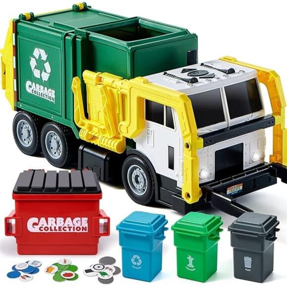 Large Friction Powered Garbage Truck Toy Set, Includes Dumpster, Trash Bins - Picture 7 of 7